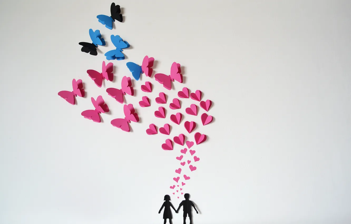 Фото обои бабочки, бумага, сердечки, love, оригами, romantic, hearts