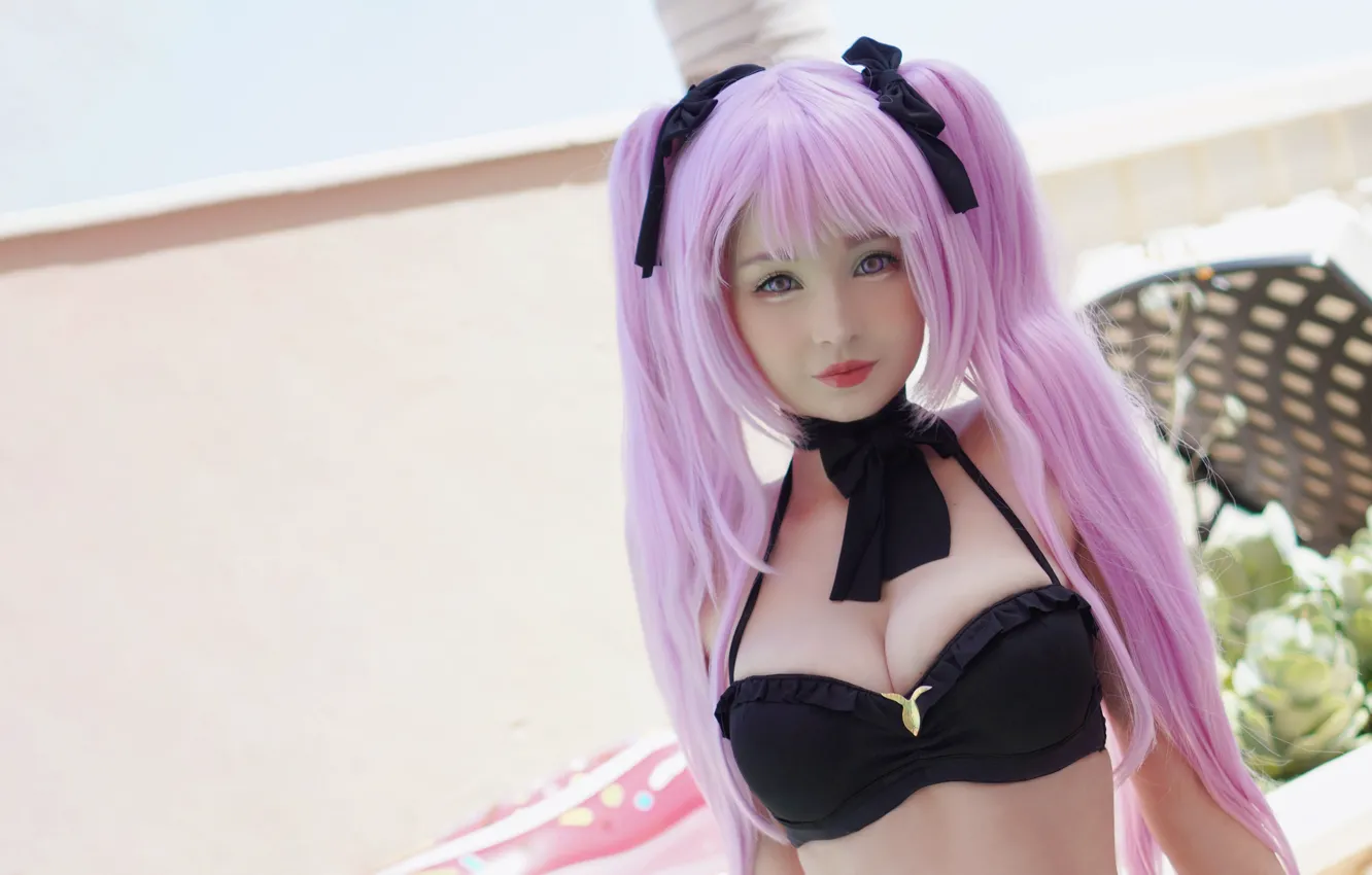 Фото обои girl, sexy, cleavage, pink hair, long hair, boobs, beautiful, purple eyes
