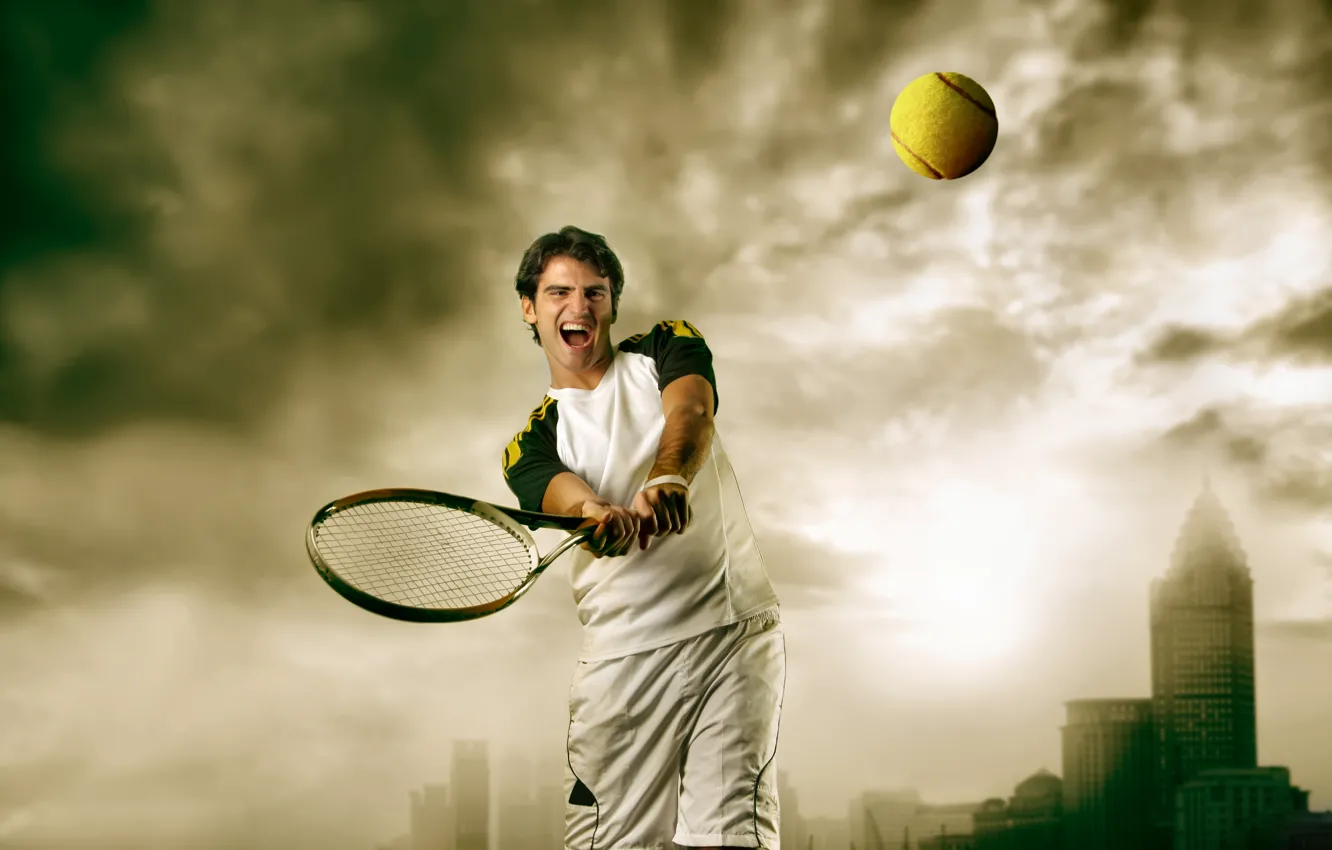 Фото обои тучи, город, мяч, ракетка, мужчина, теннис