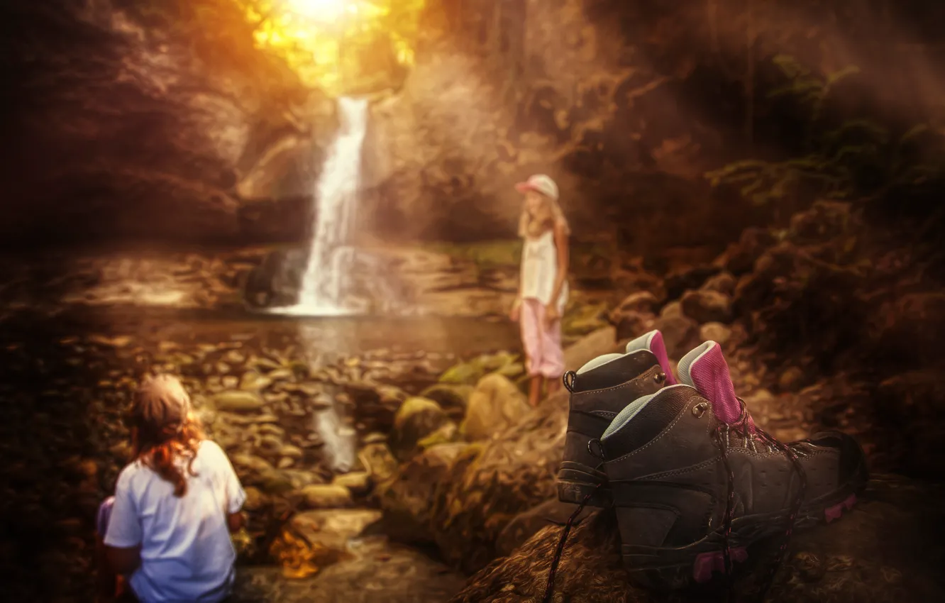Фото обои дети, водопад, обработка