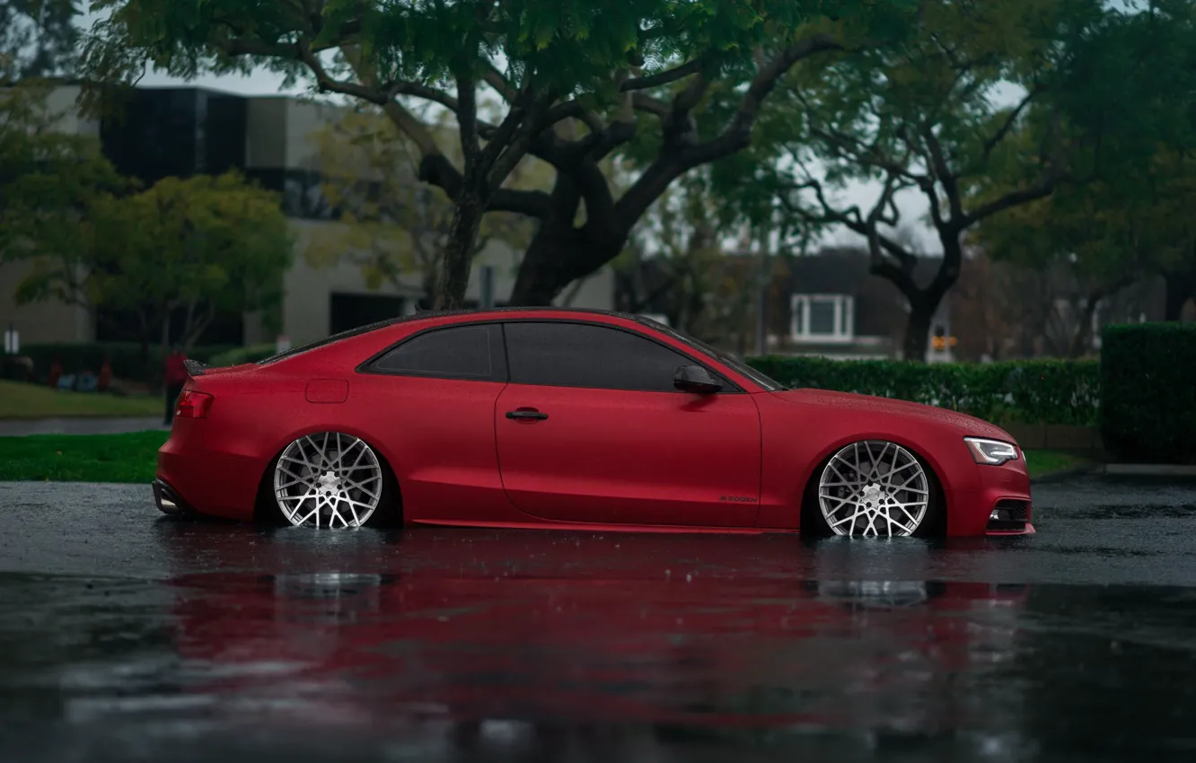 Фото обои Audi, Red, Water, Rain, Side, Road, Audi S5, Wheels
