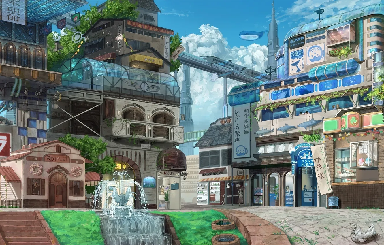 Фото обои пейзаж, город, метро, здания, арт, фонтан, eikura