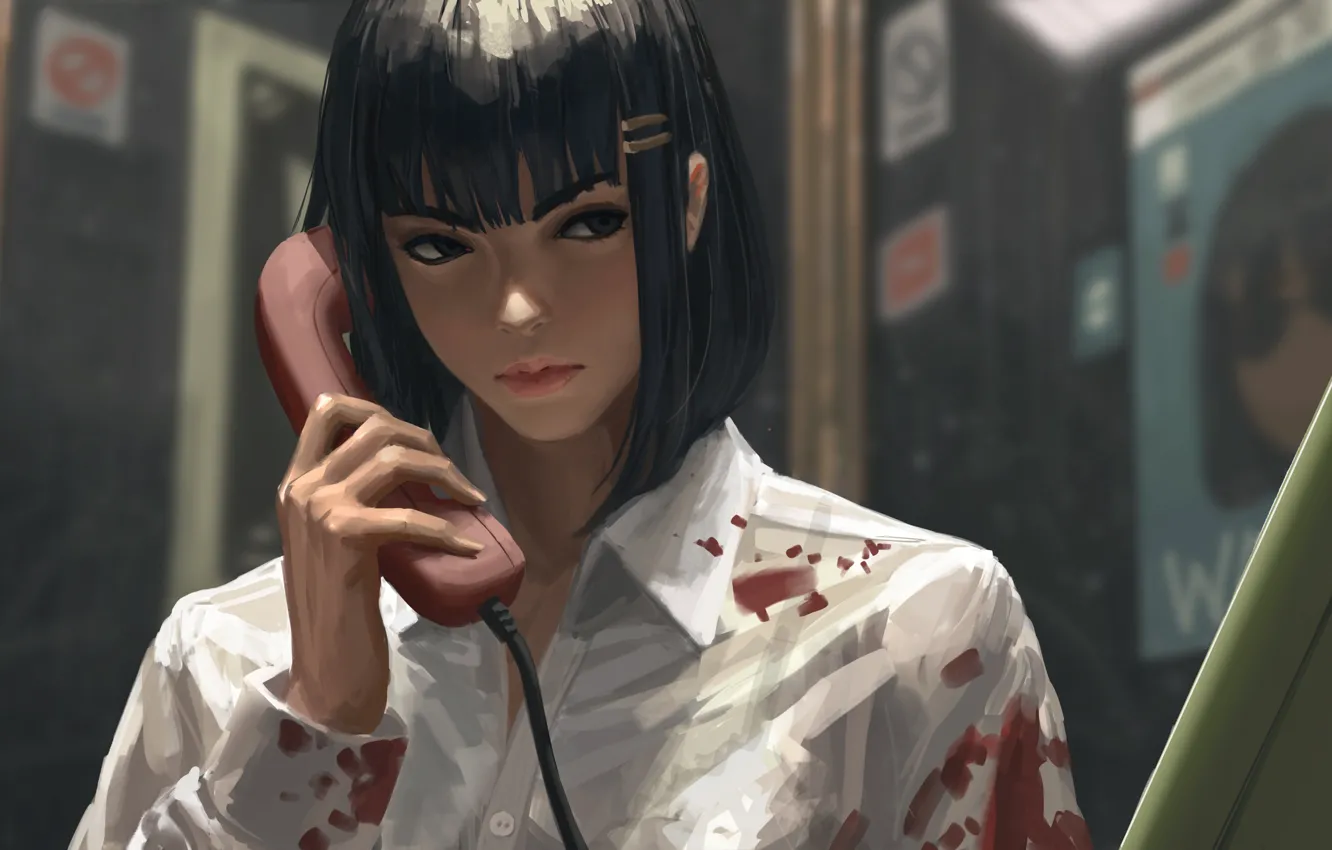 Фото обои кровь, рука, телефонная трубка, чёлка, белая рубашка, бюнетка, by Guweiz