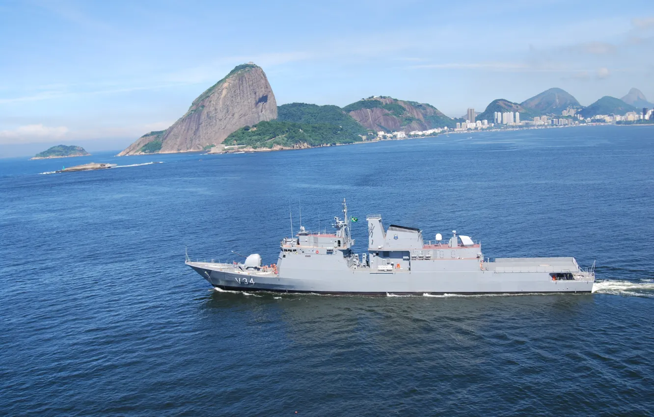 Фото обои Rio de Janeiro, 4.5-inch cannon, Corvette Barroso (V-34), Barroso Class, Sugar Loaf, Brazil flag, the …