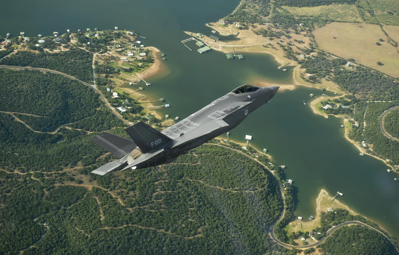Фото обои земля, истребитель, полёт, бомбардировщик, Lightning II, F-35