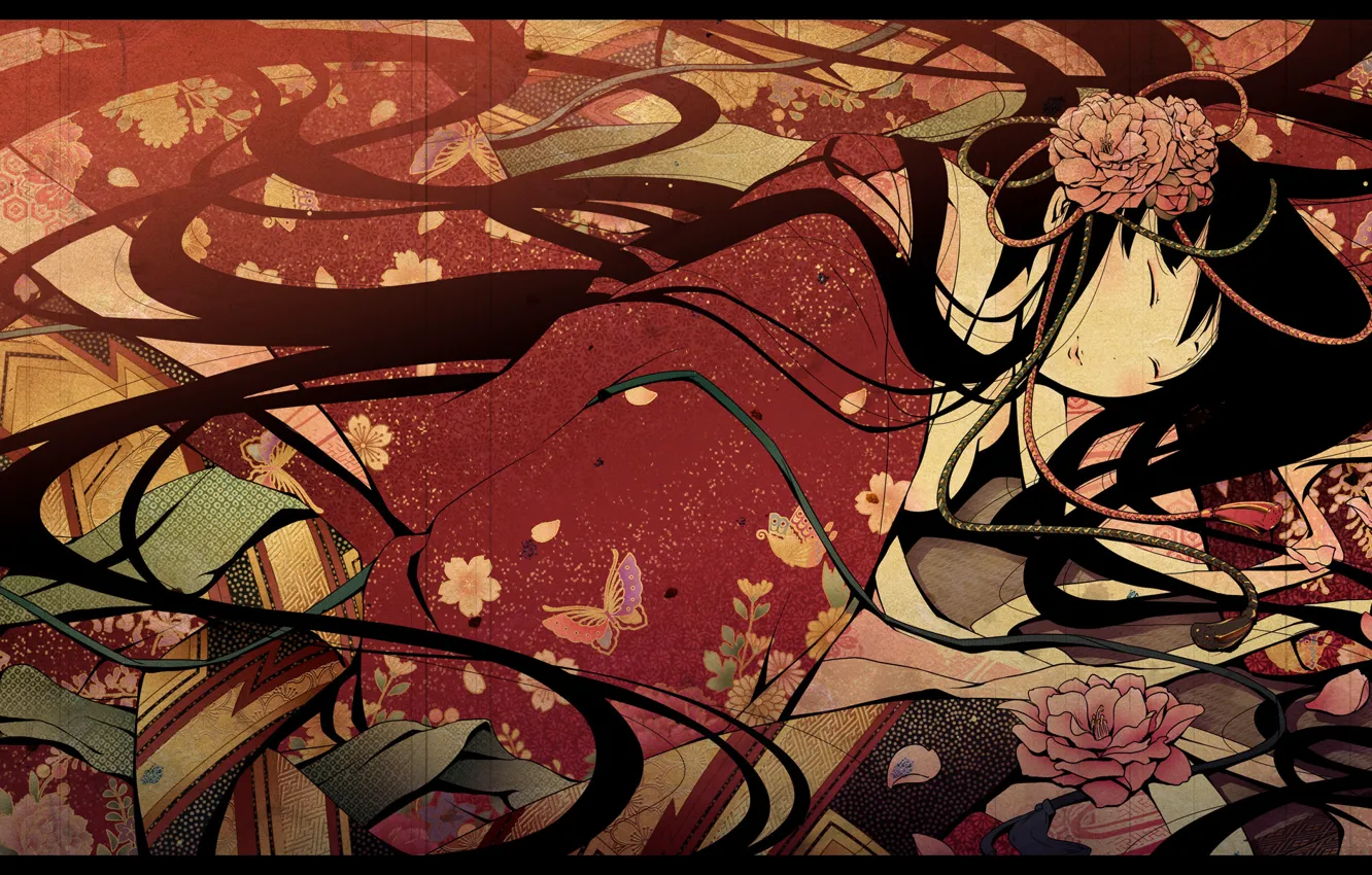 Фото обои бабочки, японка, сон, лепестки, гейша, кимоно, длинные волосы, закрытые глаза