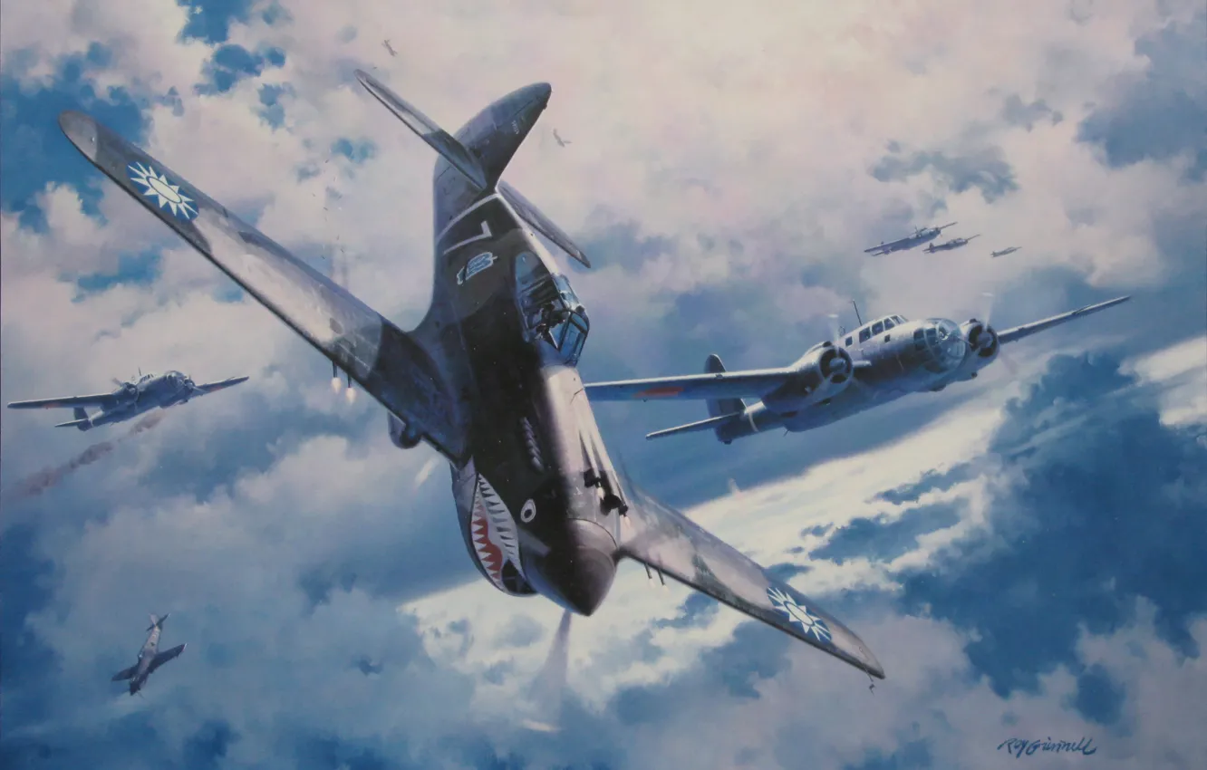 Фото обои war, art, painting, aviation, ww2, P 40 Tomahawk