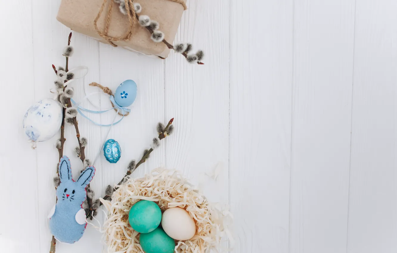 Фото обои игрушка, яйца, весна, кролик, пасха, Праздник, верба, Подарок