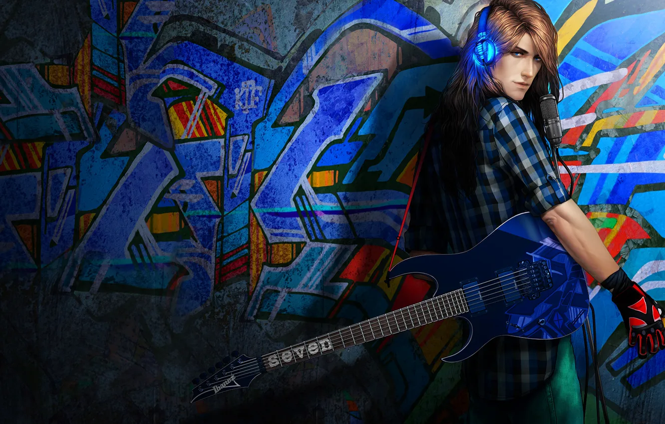 Фото обои стена, гитара, наушники, парень, музыкант, Rock 'n' roll
