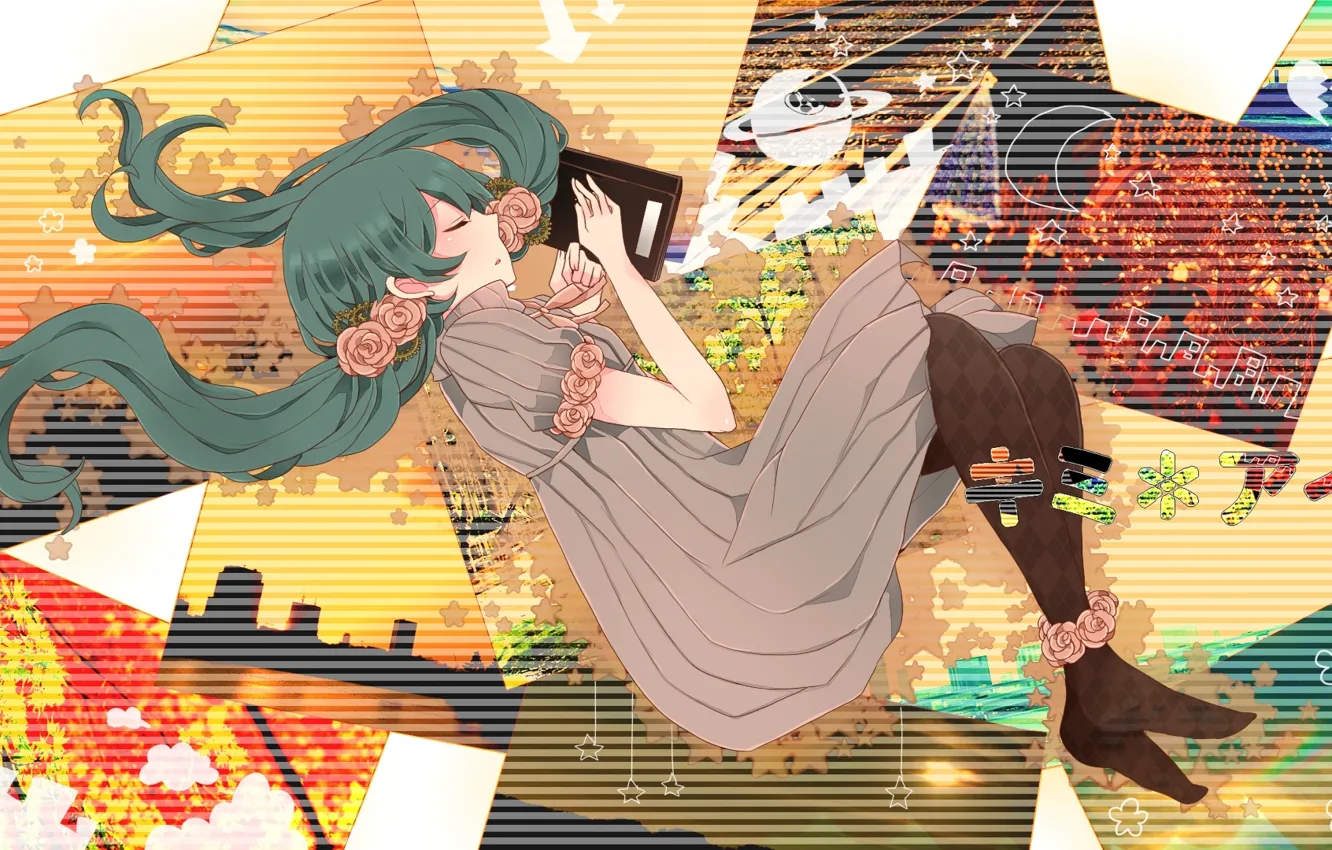 Фото обои розы, спит, иероглифы, Hatsune Miku, Vocaloid, фотокаллаж