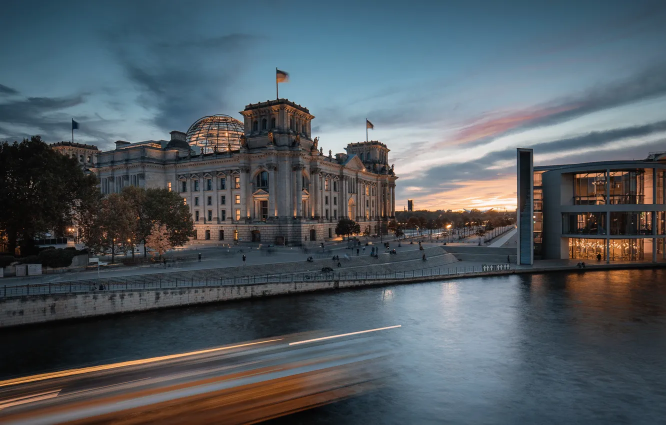 Фото обои река, здание, Германия, набережная, Germany, Берлин, Berlin, Рейхстаг