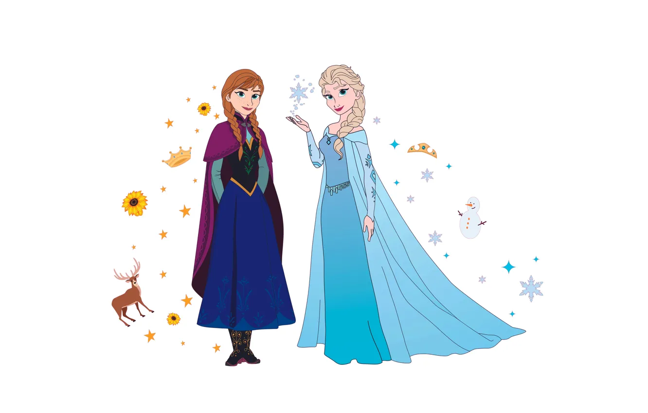 Фото обои Девушки, Белый фон, Двое, Disney, Анна, Anna, Мультфильм, Elsa