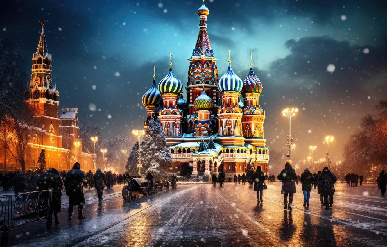 Фото обои небо, ночь, город, люди, вид, здания, Рождество, Москва