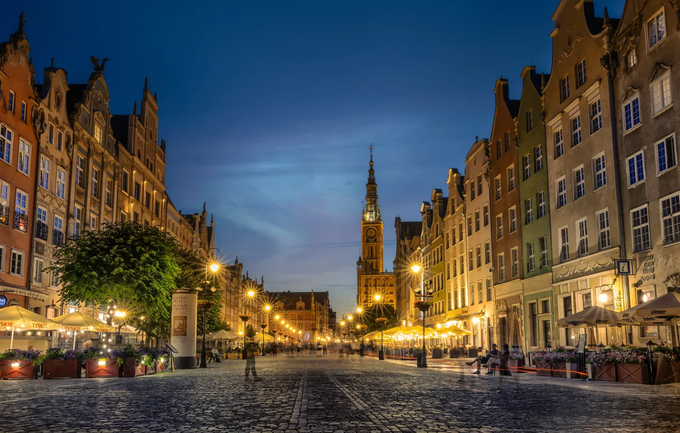 Фото обои улица, здания, башня, дома, вечер, Польша, фонари, Poland