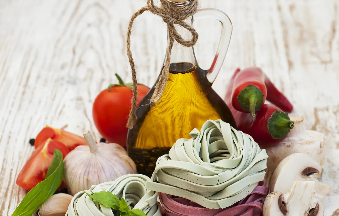 Фото обои масло, перец, помидоры, специи, макароны