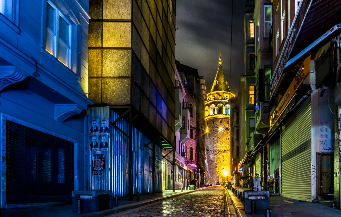 Фото обои свет, ночь, улица, башня, архитектура, Стамбул, Галата