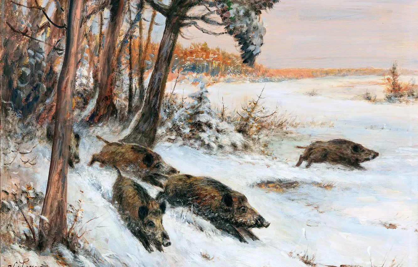 Фото обои Зима, Деревья, Снег, Бег, Картина, Немецкий художник, Wilhelm Lorenz, Кабаны