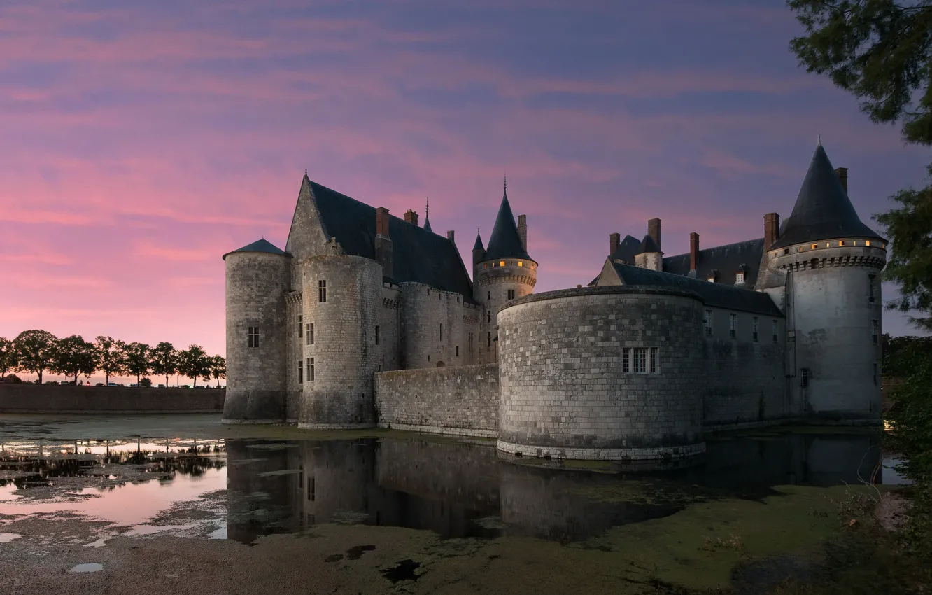 Фото обои закат, пруд, замок