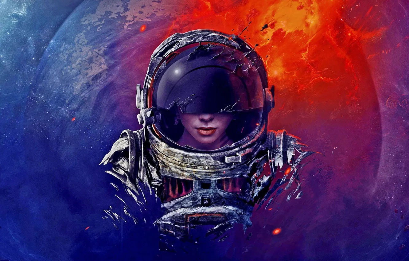 Фото обои девушка, звёзды, Скафандр, Космос, Астронавт, Космонавт