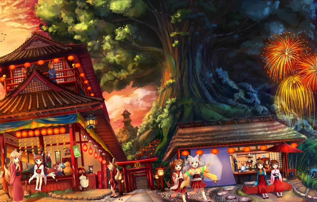 Фото обои дерево, девочки, дома, арт, фонари, фейерверк, кимоно, неко