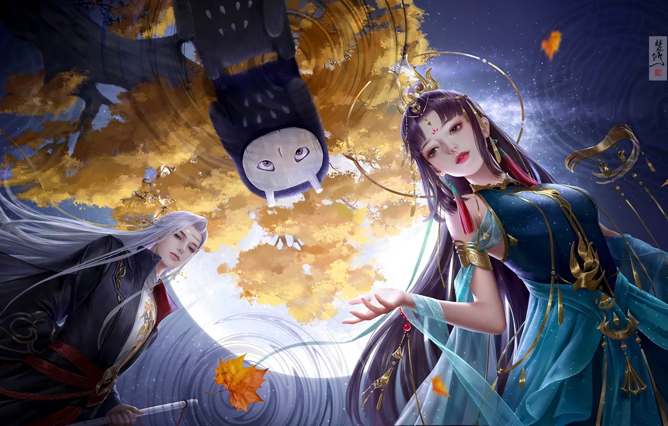 Фото обои осень, девушка, ночь, отражение, дерево, луна, дух, фэнтези