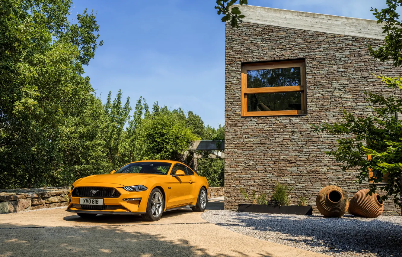 Фото обои оранжевый, стена, Ford, 2018, фастбэк, Mustang GT 5.0