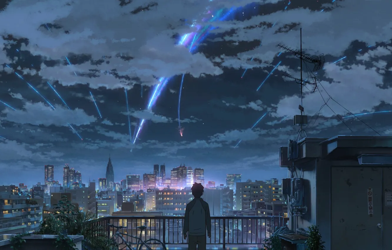 Фото обои крыша, небо, ночь, город, Макото Синкай, Kimi no Na wa