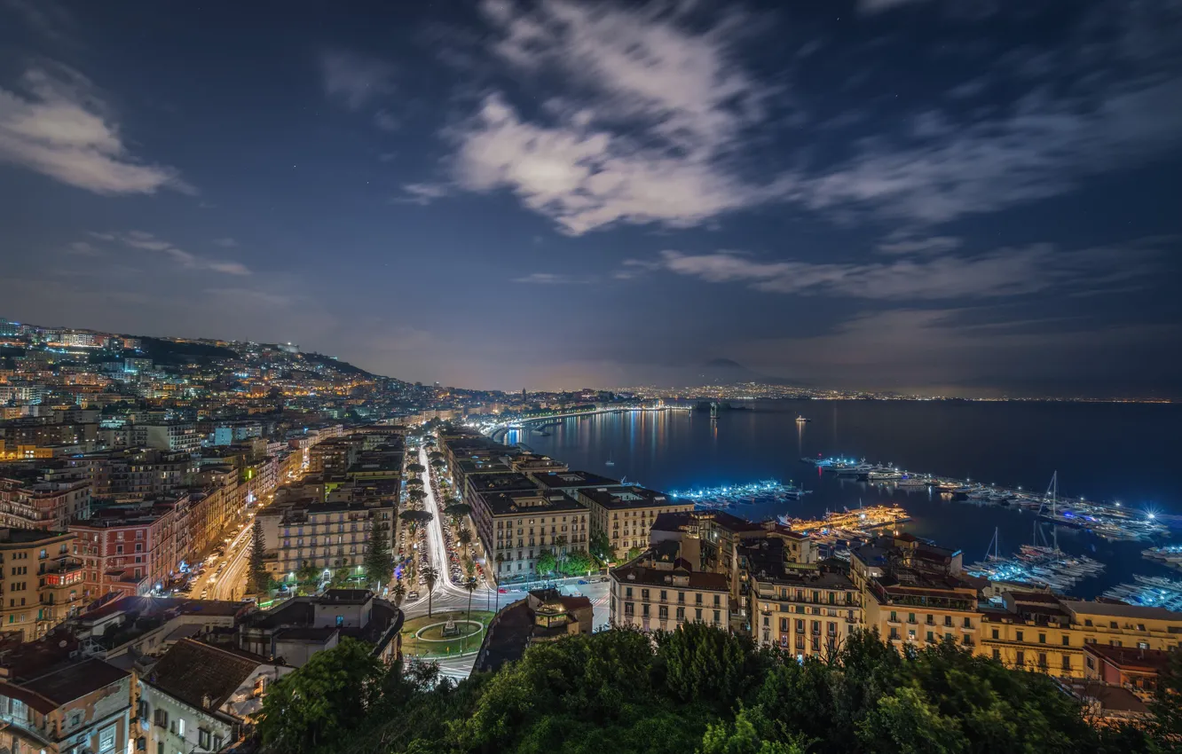 Фото обои ночь, город, лодки, Napoli