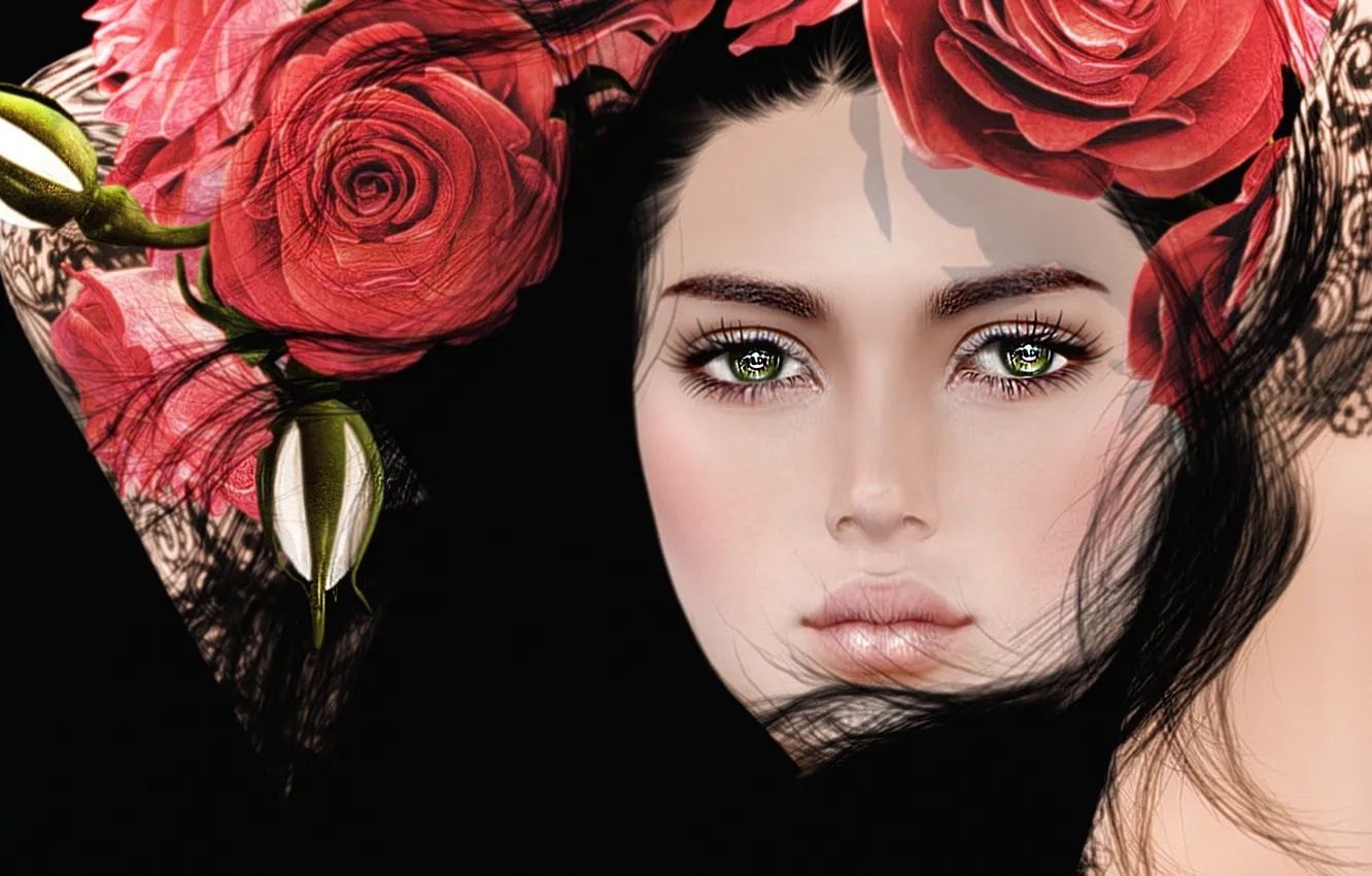 Фото обои глаза, девушка, лицо, волосы, розы, брюнетка, венок