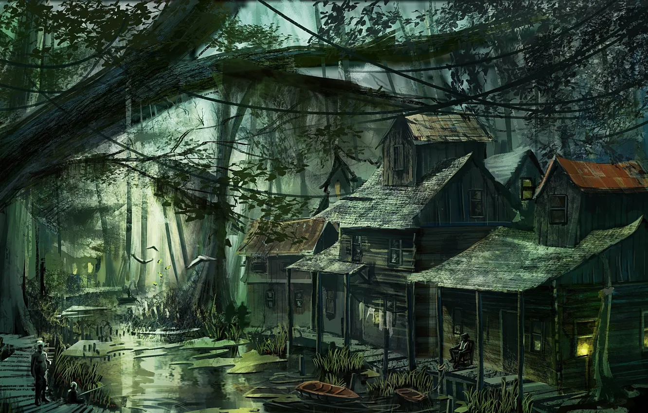 Фото обои лес, люди, болото, дома, деревня, арт, постройки