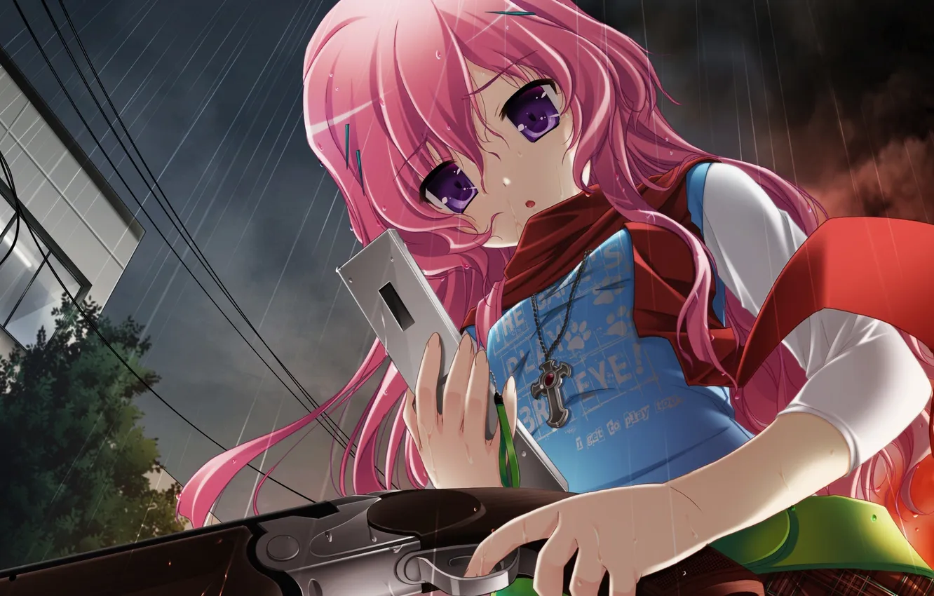 Фото обои девушка, оружие, дождь, шарф, арт, телефон, револьвер, крестик