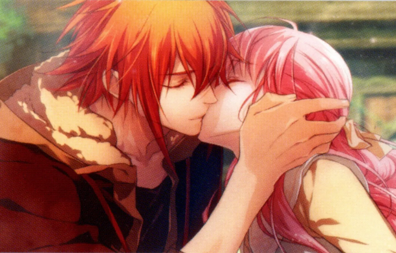 Фото обои поцелуй, рыжий, розовые волосы, закрытые глаза, wand of fortune, lulu, visual novel, Lagi El Nagil