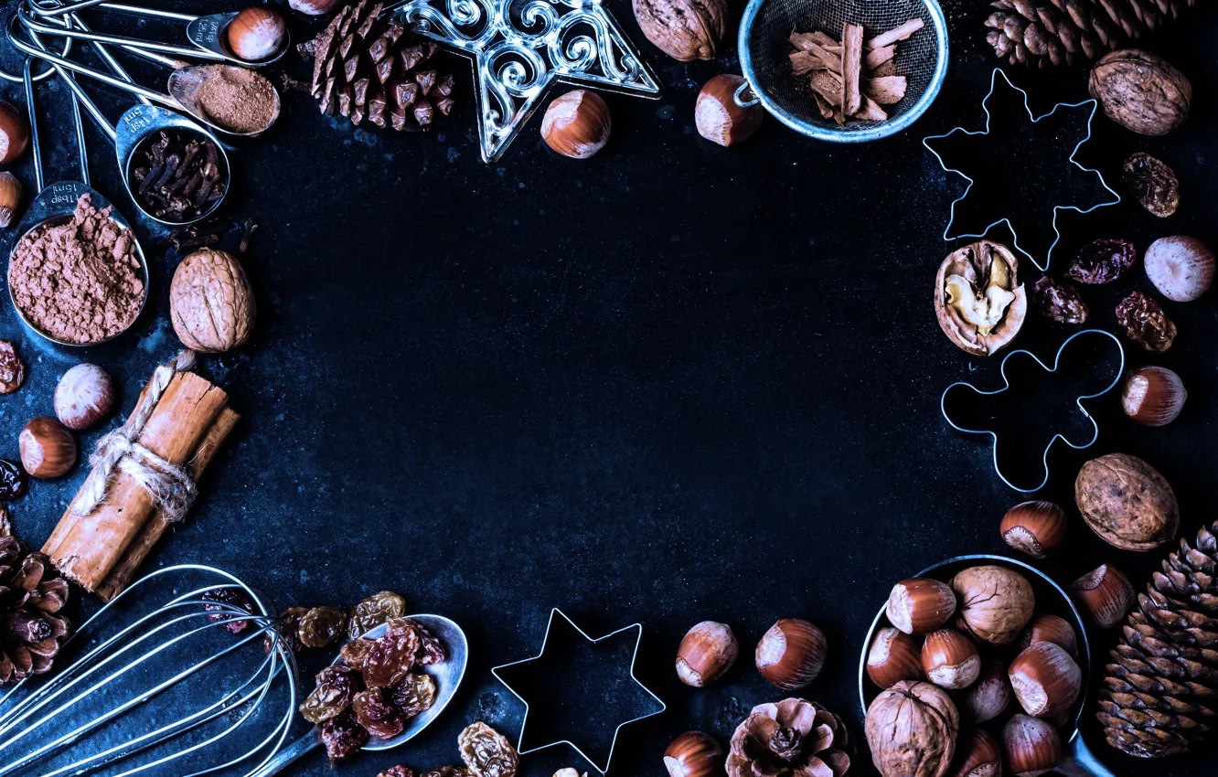 Фото обои украшения, Новый Год, Рождество, орехи, happy, Christmas, шишки, New Year