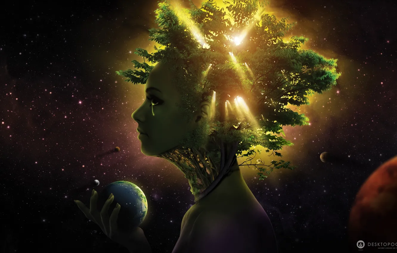 Фото обои зелень, девушка, космос, планета, профиль, слёзы, desktopography, крона