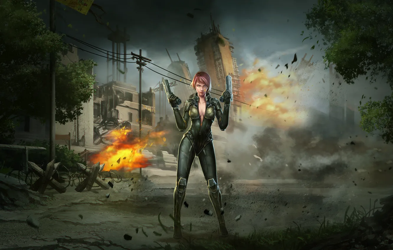 Фото обои девушка, взрыв, город, война, пистолеты, арт, солдат, special forces
