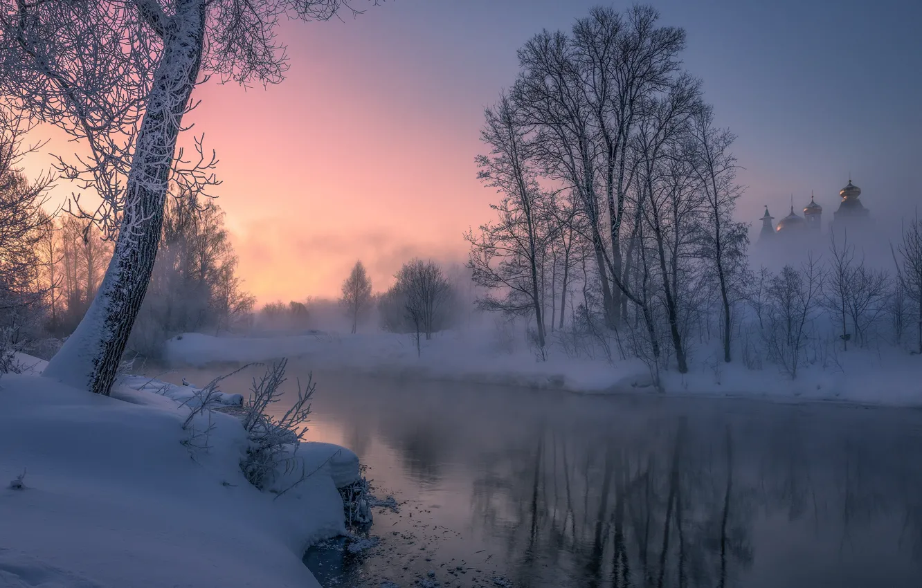 Фото обои зима, снег, деревья, отражение, река, рассвет, утро, Россия