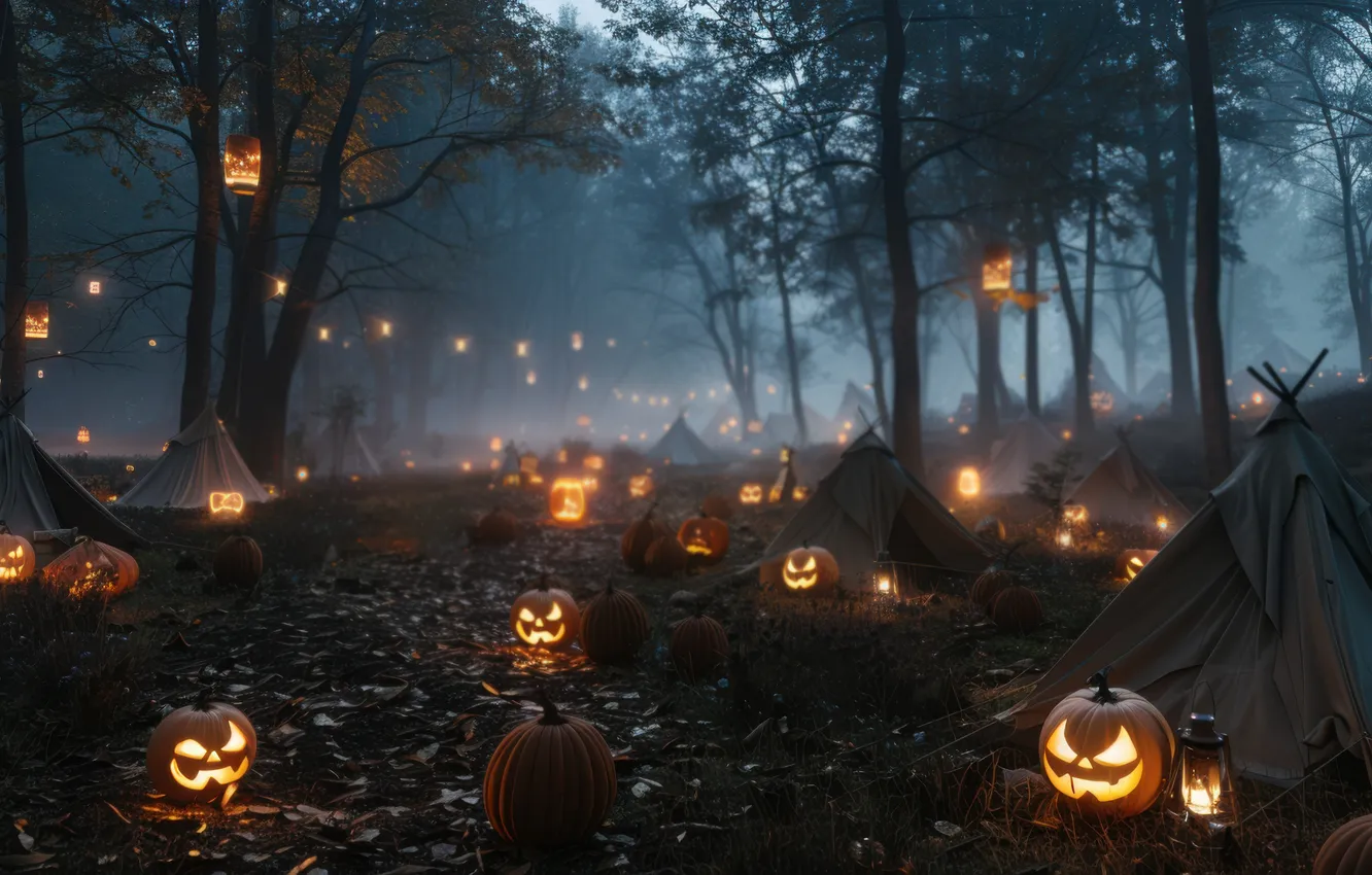Фото обои Вечер, Деревья, Тыквы, Halloween, Хэллоуин, Цифровое искусство, Палатки, Жутко