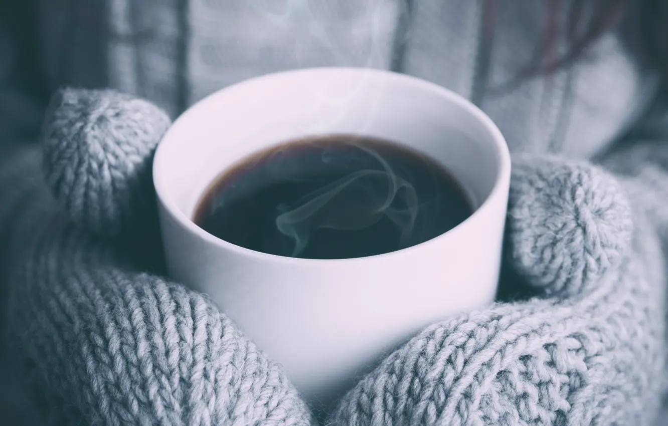 Фото обои тепло, кофе, горячий, чашка, напиток, варежки