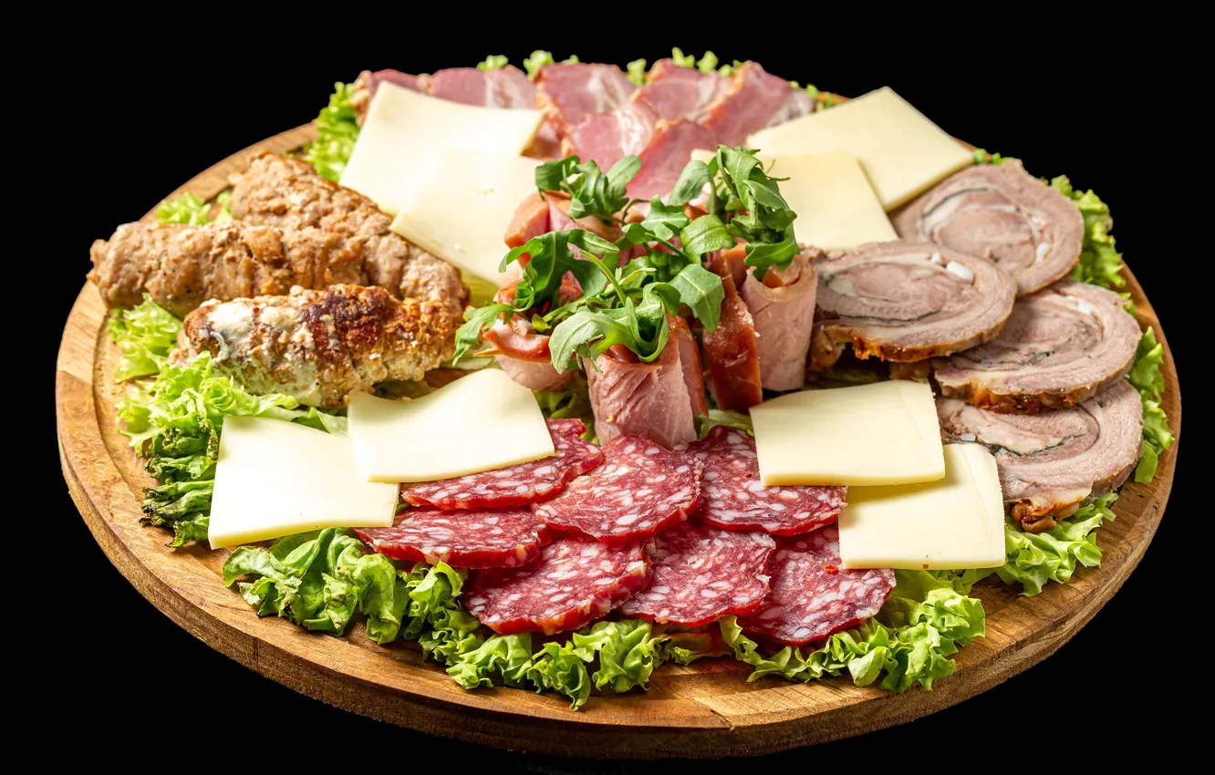 Фото обои сыр, мясо, колбаса, закуска, ветчина
