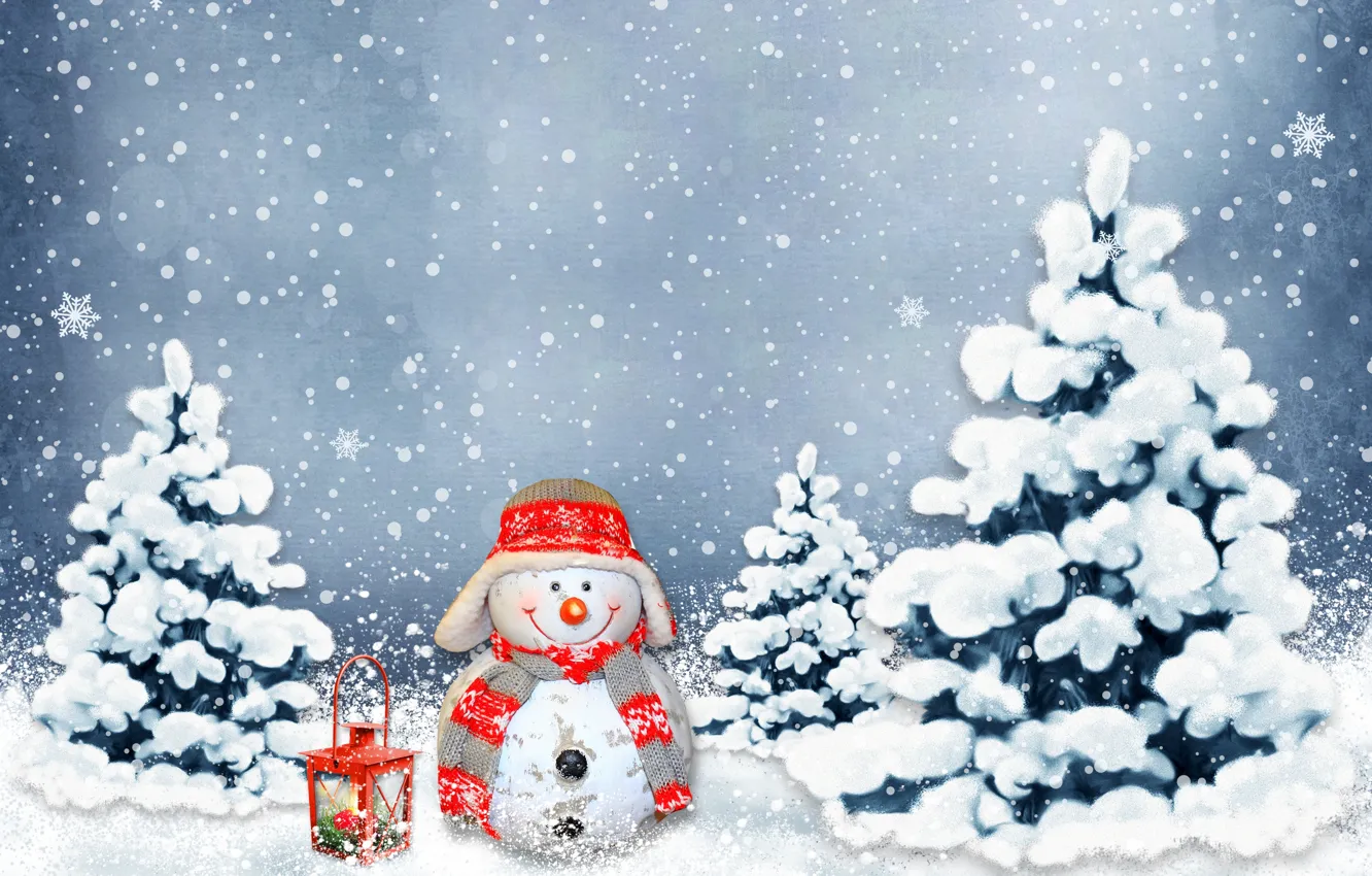 Фото обои зима, шарики, снег, украшения, праздник, Новый Год, Рождество, снеговик