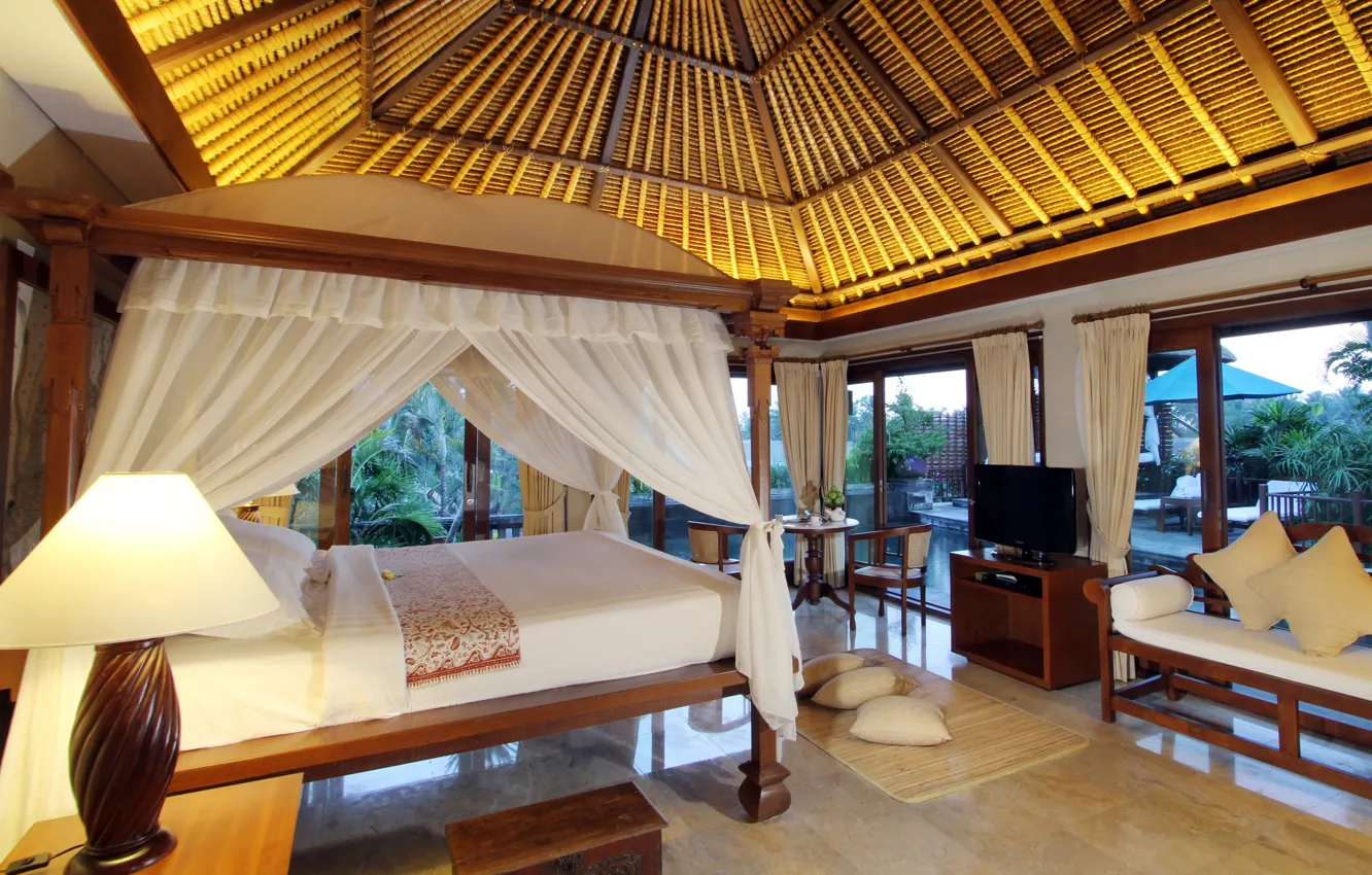 Фото обои лампа, кровать, кресло, телевизор, pool, столик, спальня, interior