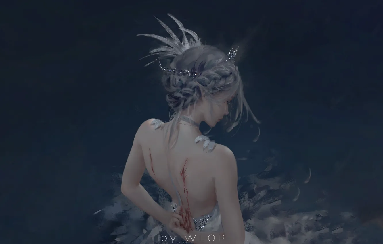 Фото обои кровь, перья, причёска, серый фон, диадема, раны, princess, Celestia