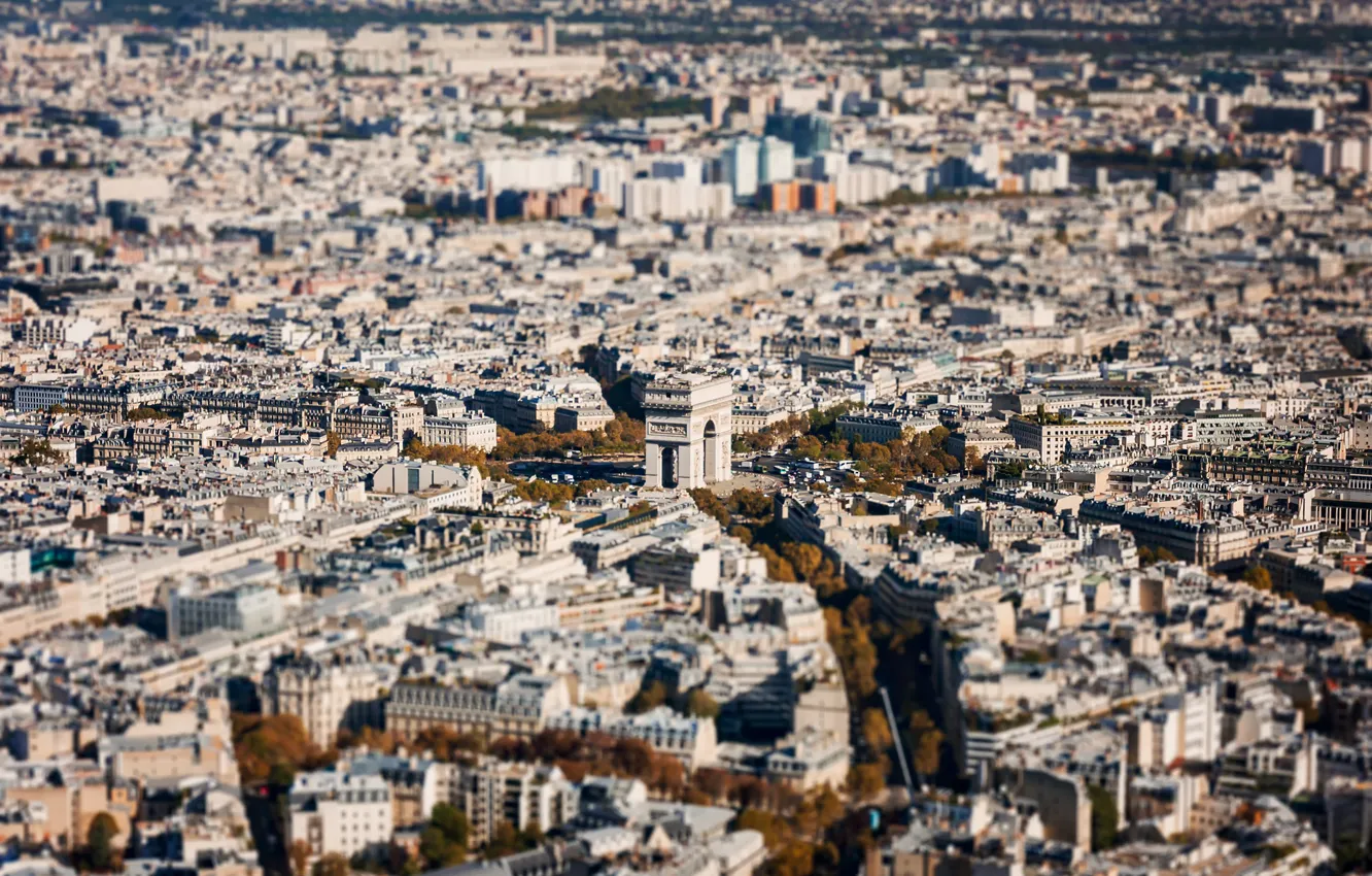 Фото обои Париж, tilt-shift, Триумфальная арка, arc de triomphe de l'Étoile