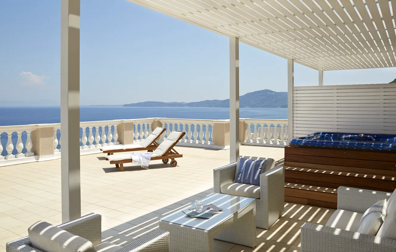 Фото обои побережье, курорт, терраса, villa, terrace, lounge zone, потрясающий вид на синее море, лаунж-зона