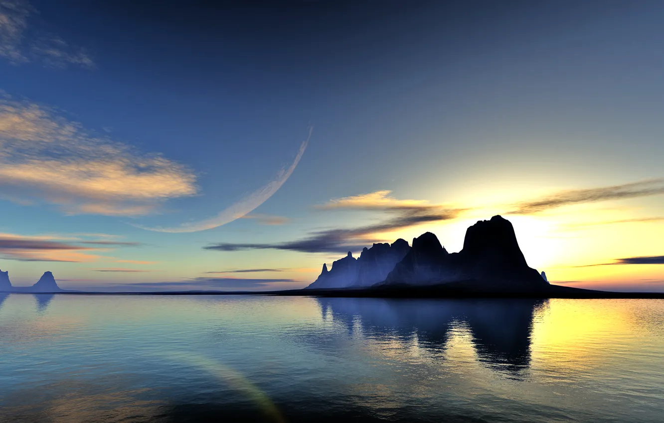 Фото обои вода, облака, пейзаж, закат, озеро, отражение, скалы, планета