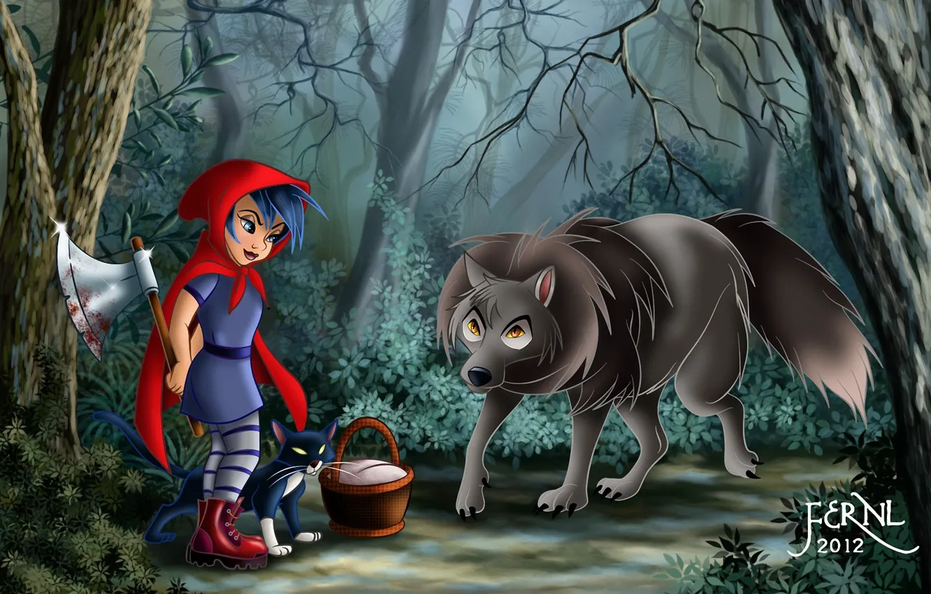 Фото обои лес, кошка, кот, корзина, кровь, волк, красная шапочка, арт
