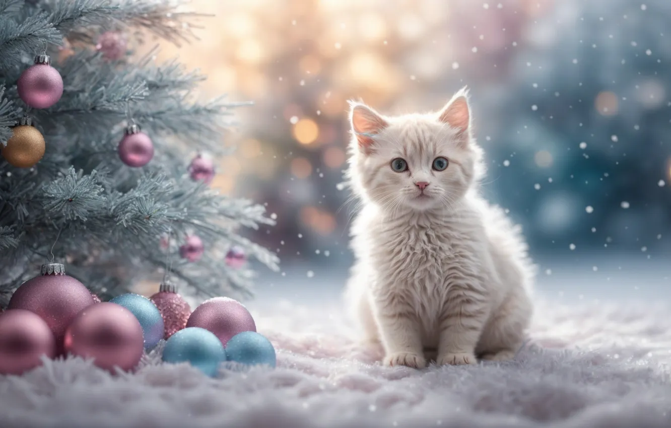 Фото обои cat, snow, Christmas tree, balloons