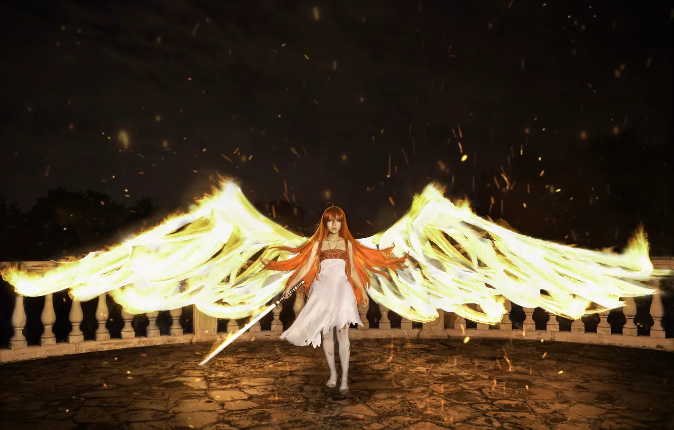 Фото обои взгляд, девушка, лицо, огонь, пламя, крылья, меч