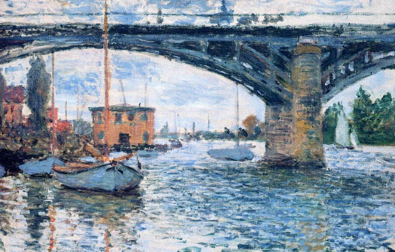 Фото обои пейзаж, город, лодка, картина, Клод Моне, Мост в Аржантёе. Пасмурно