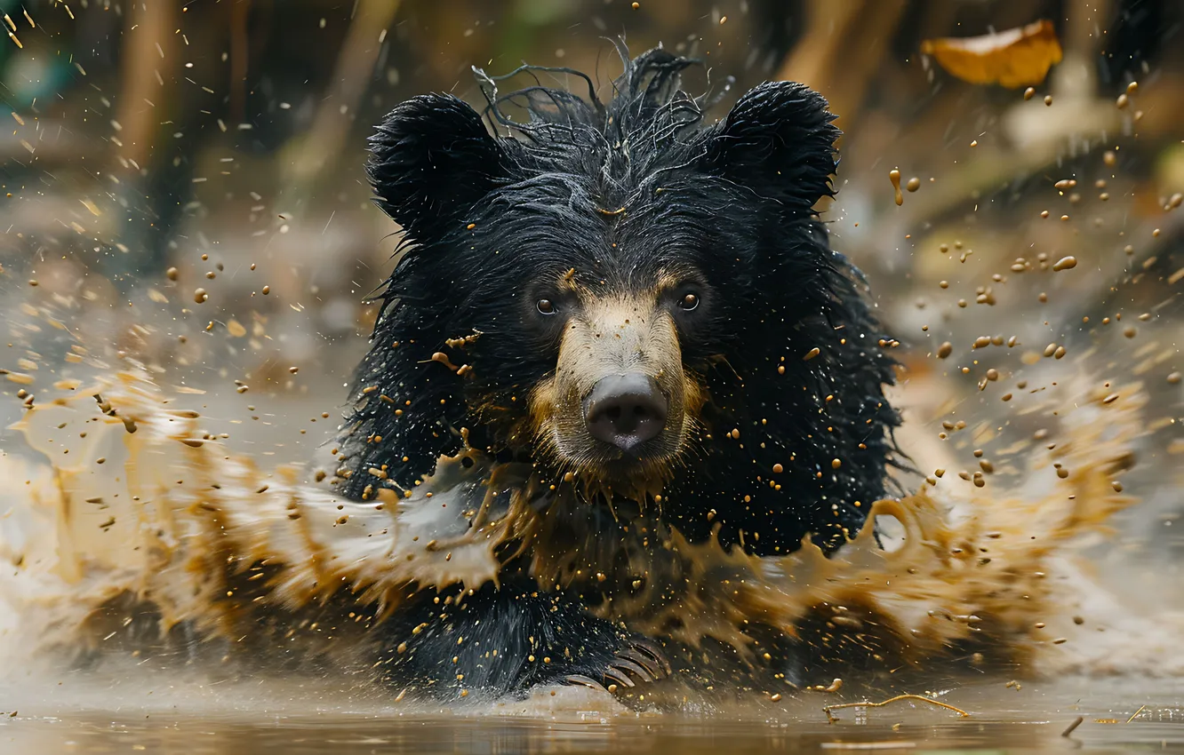 Фото обои Вода, Взгляд, Грязь, Медведь, Морда, Хищник, Цифровое искусство, Черный медведь
